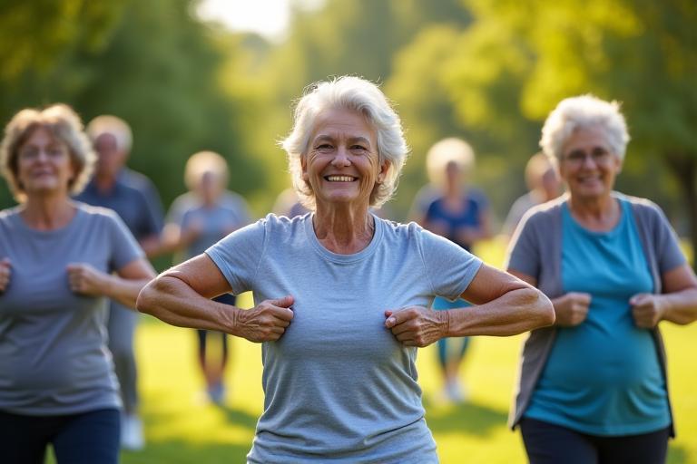 Seniors actifs en entraînement de mobilité dans un parc.